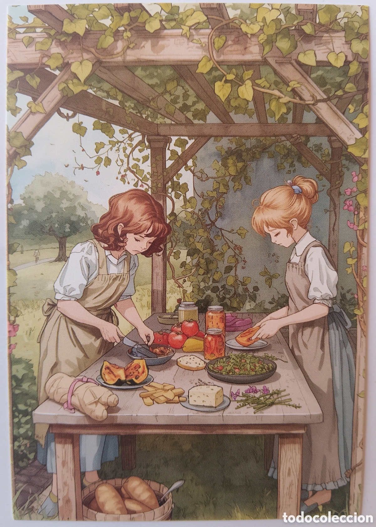 Postales: POSTAL - NI&Ntilde;AS MESA COMIDA JARD&Iacute;N - ESTILO ANTIGUO