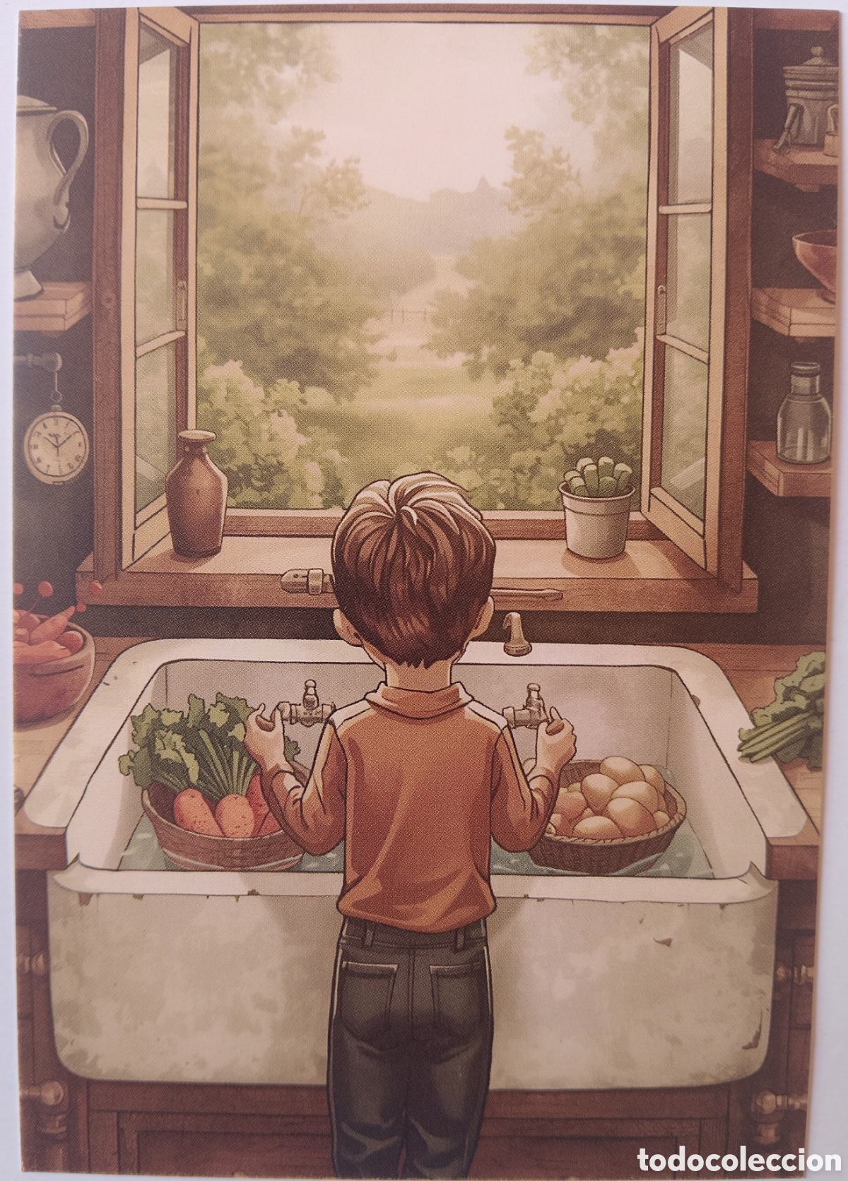 Postales: POSTAL - ESCENA COCINA NI&Ntilde;O FREGADERO VERDURAS - ESTILO ANTIGUO