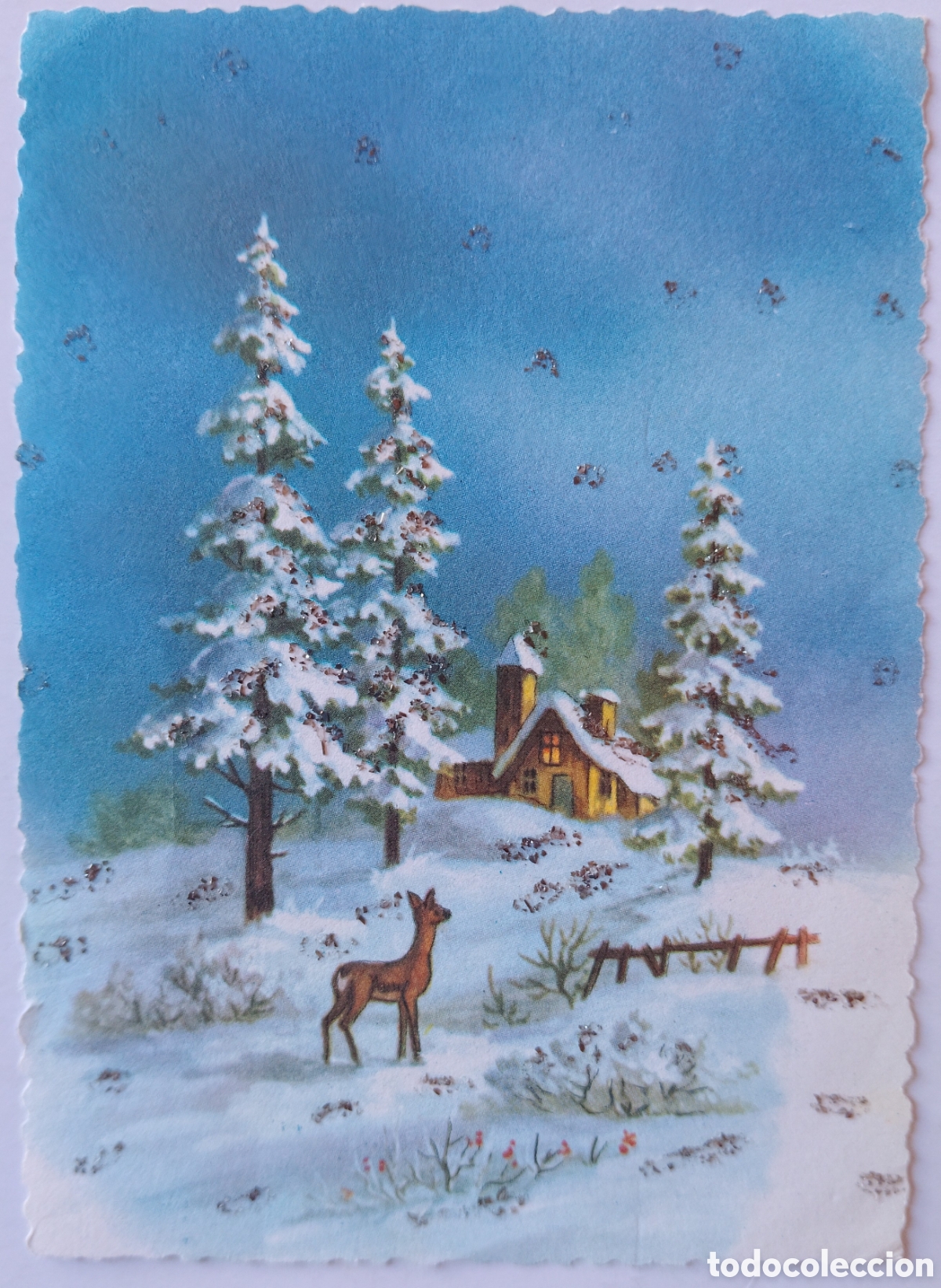 Postales: FELICITACI&Oacute;N NAVIDAD ANTIGUA - CIERVO PAISAJE NEVADO - PURPURINA