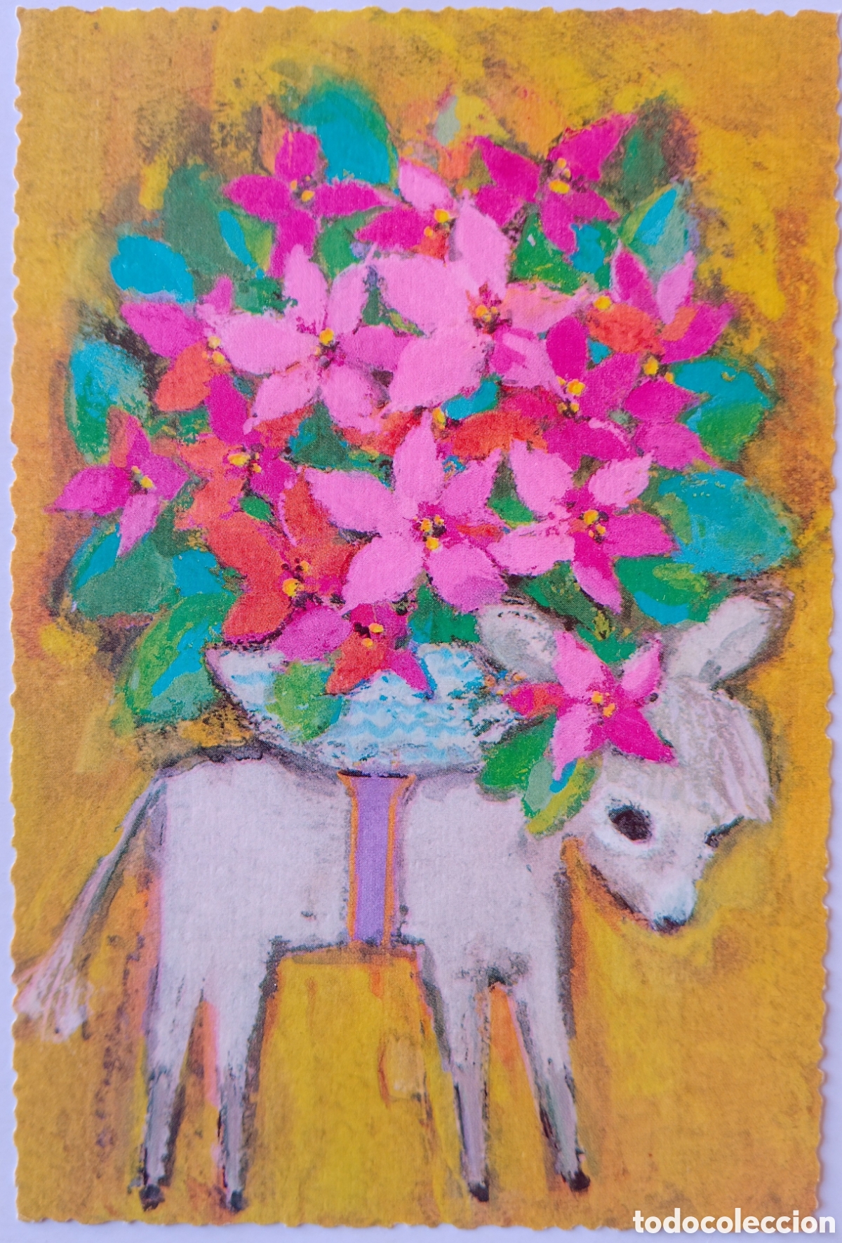 Postales: FELICITACI&Oacute;N NAVIDAD ANTIGUA - BURRITO BLANCO FLORES