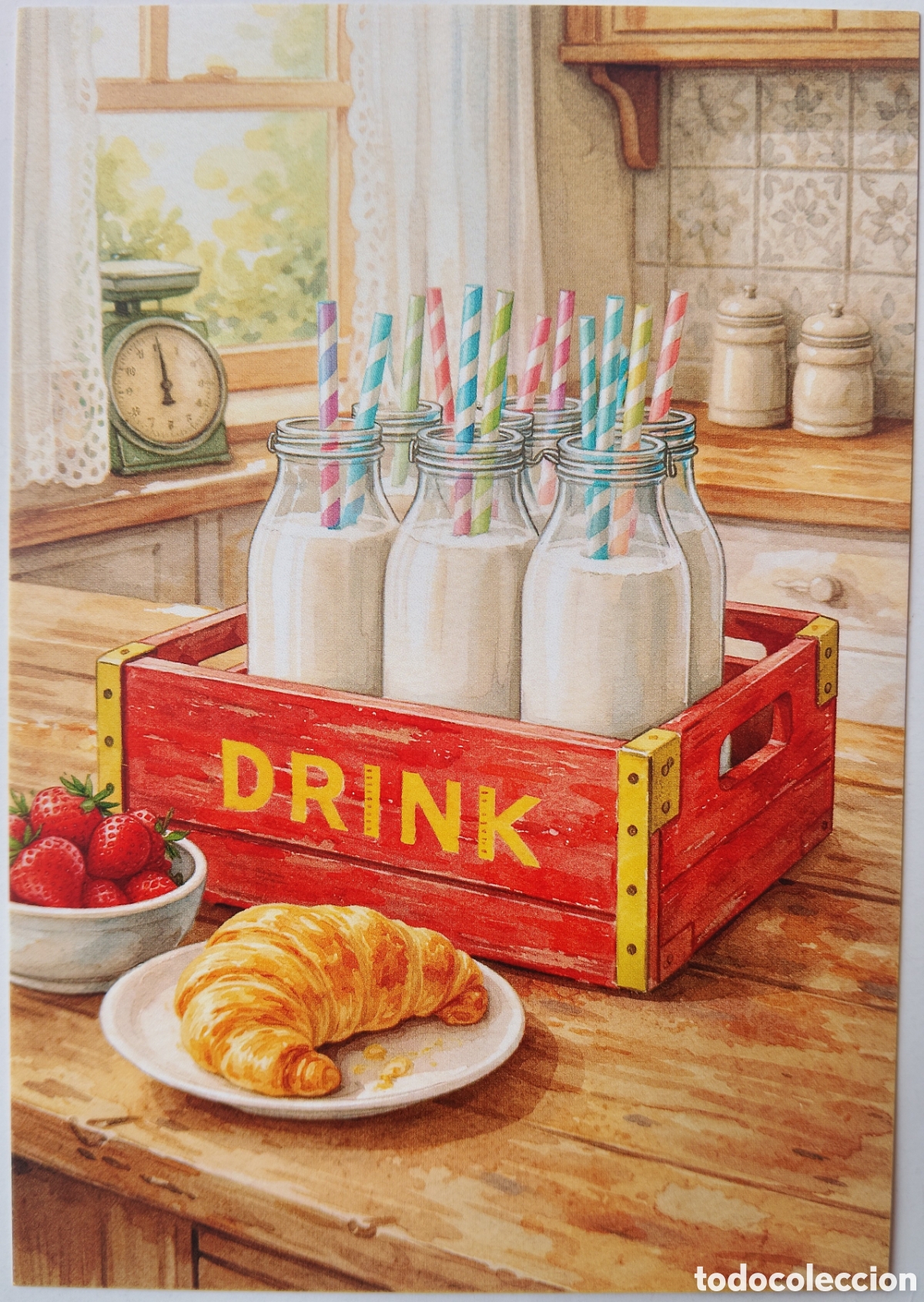 Postales: POSTAL - DETALLE BOTELLAS LECHE DESAYUNO FRESAS - ESTILO ANTIGUO