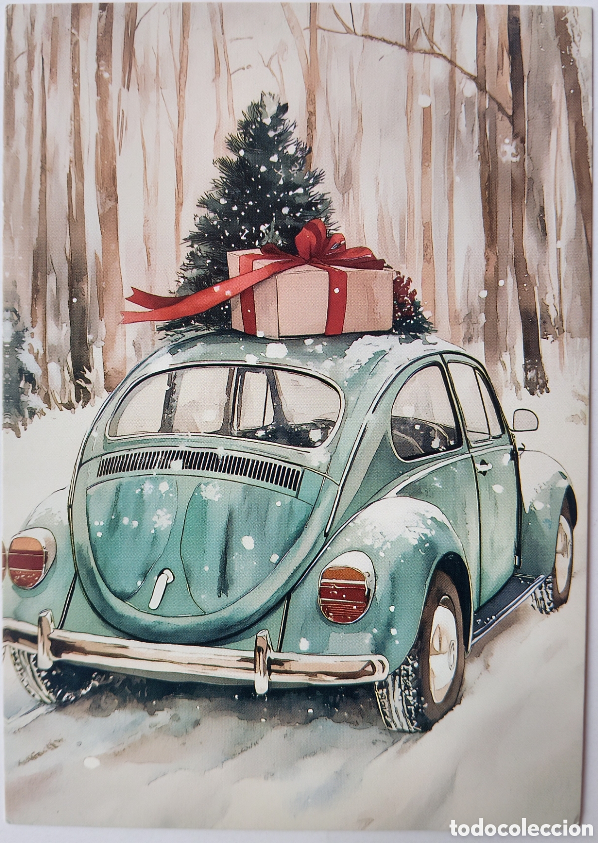 Postales: POSTAL NAVIDAD - COCHE ESCARABAJO &Aacute;RBOL PAISAJE NEVADO - ESTILO ANTIGUO