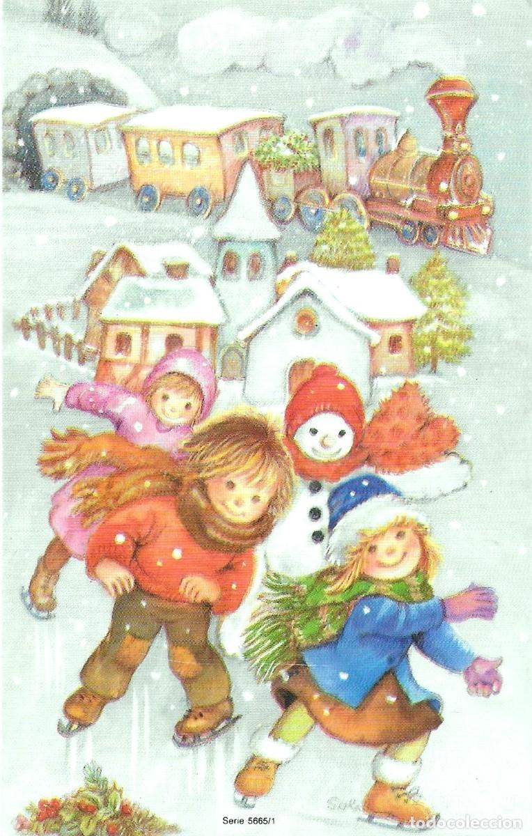 Postales: 0996K- SOL&Aacute; - NI&Ntilde;OS PATINANDO FELIZMENTE, TREN , PUEBLO- SERIE 5665.1 - 13,5X8,5 CM