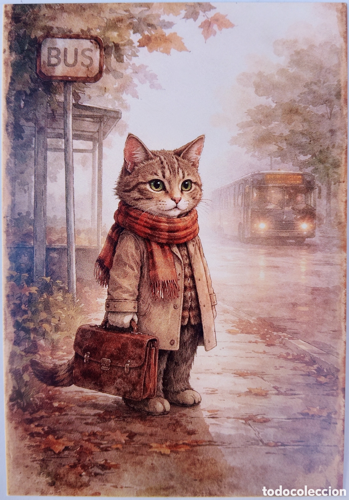 Postales: POSTAL - GATO GATITO PARADA BUS AUTOB&Uacute;S - ESTILO ANTIGUO