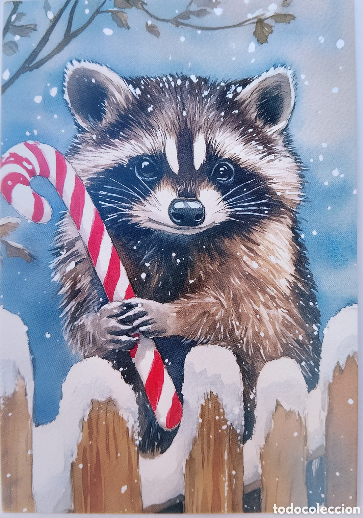 Postales: POSTAL NAVIDAD - MAPACHE BAST&Oacute;N NIEVE - ESTILO ANTIGUO