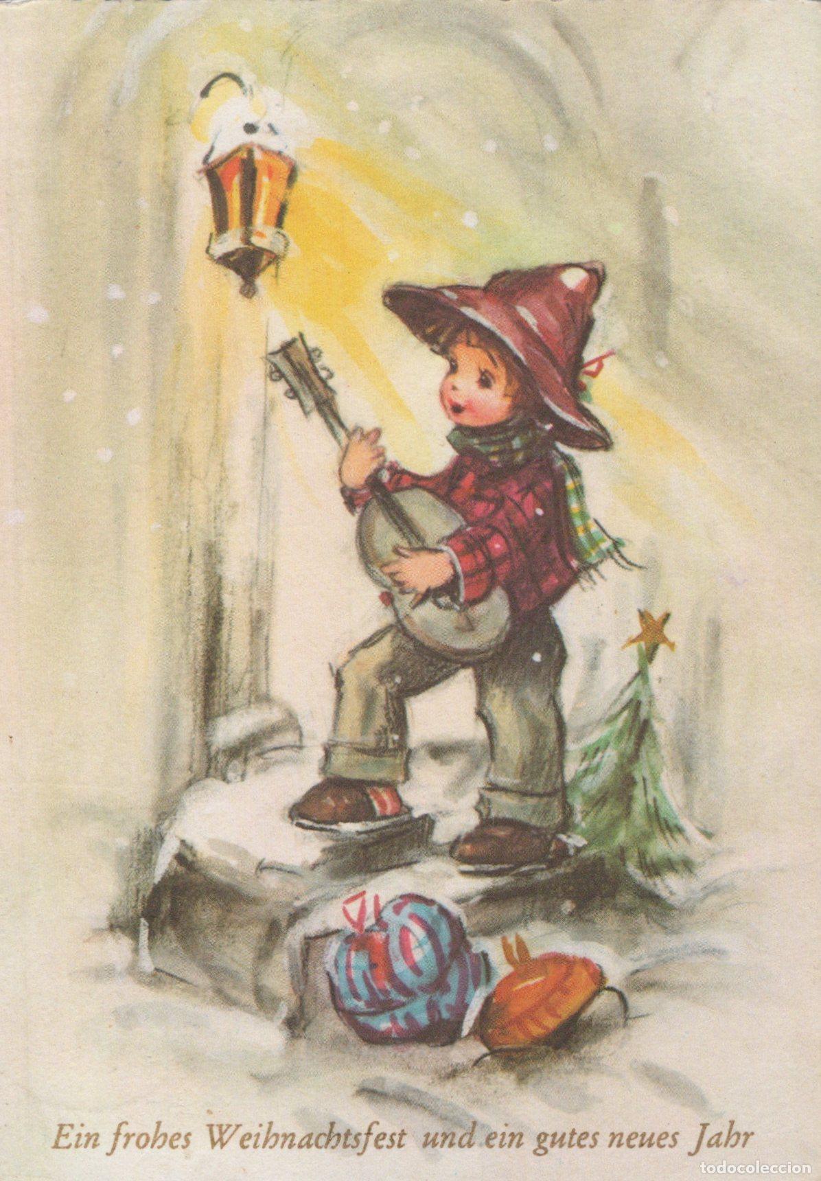 Postales: Germany Berlin Christmas Boy Playing Mandolin Lantern Snow Presents *YAS527