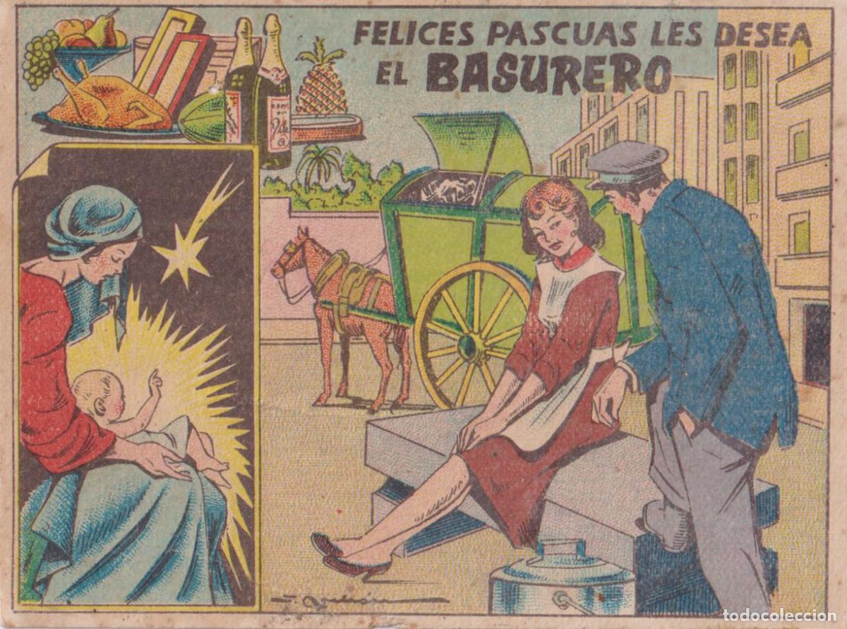 Postales: FELICES PASCUAS LES DESEA EL BASURERO &ndash; ILUSTRADOR: J.ALSINA - A&Ntilde;OS 40/50