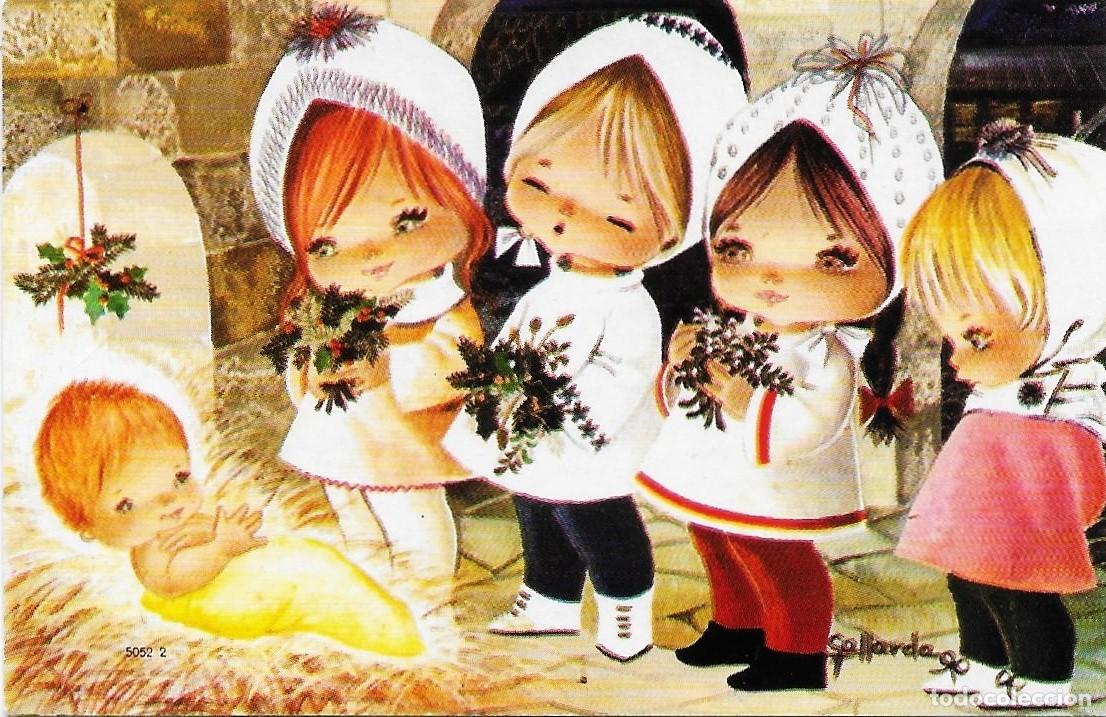 Postales: 7314R - GALLARDA- PESEBRE, NI&Ntilde;AS CON RAMOS DE MUERDAGO - SERIE 5052.2 - 9,5X6 CM- DATA 1971