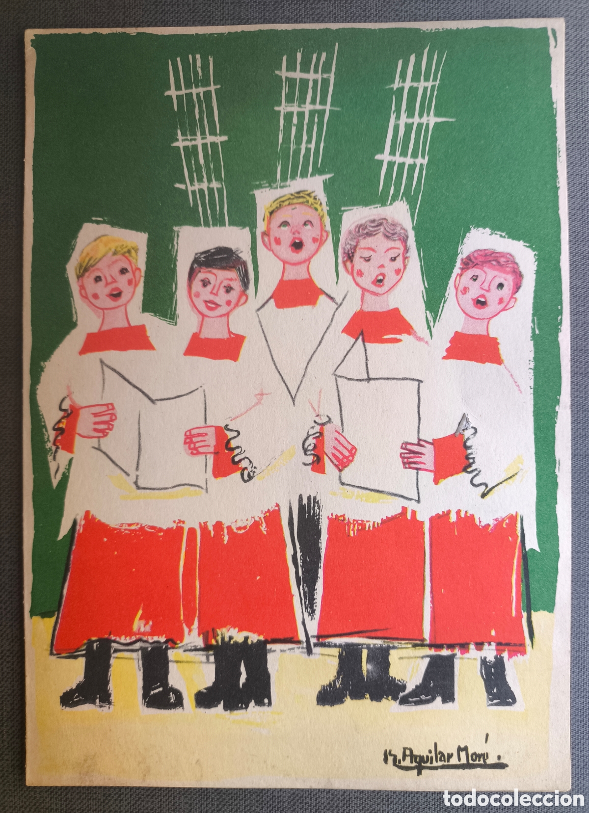 Postales: FELICITACI&Oacute;N NAVIDE&Ntilde;A ILUSTRADOR RAM&Oacute;N AGUILAR MOR&Eacute; A&Ntilde;O 1955