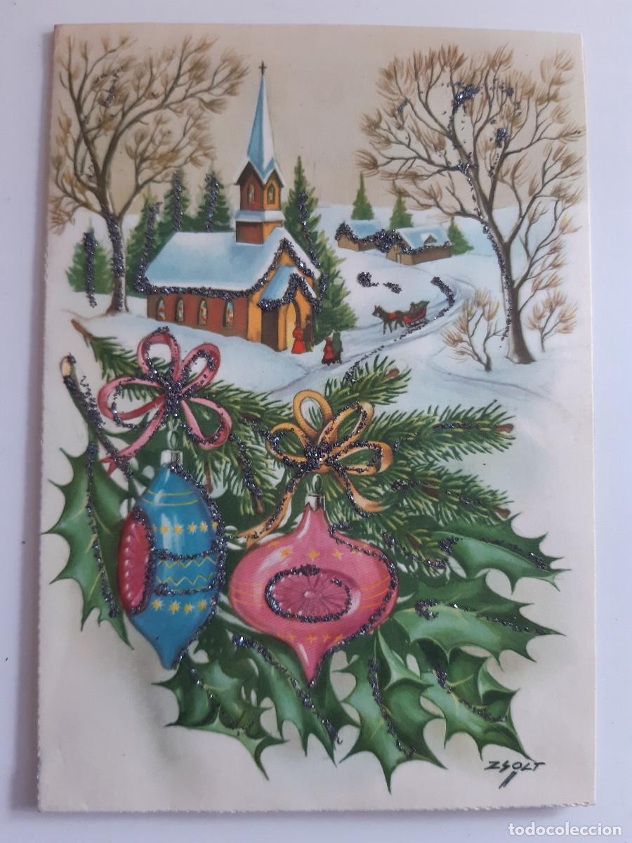 Postales: POSTAL APAISADA NAVIDAD SUBI 8-M-129-4 DIBUJO NAVIDE&Ntilde;O 1966 CHRISTMAS ADORNO DE BRILLO
