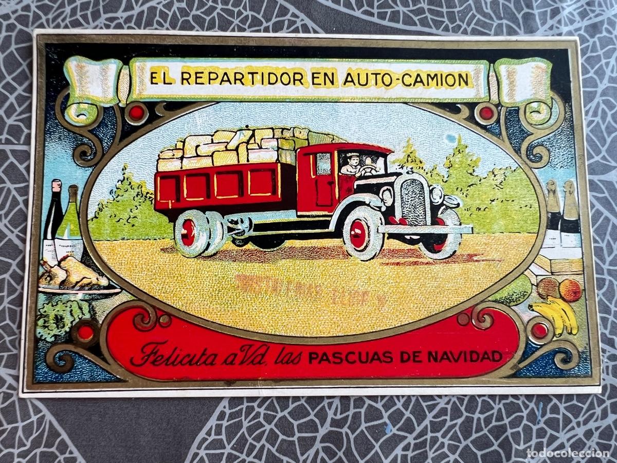 Cartoline: REPARTIDOR EN AUTO CAMION POSTAL FELICITACION ANTIGUA NAVIDAD