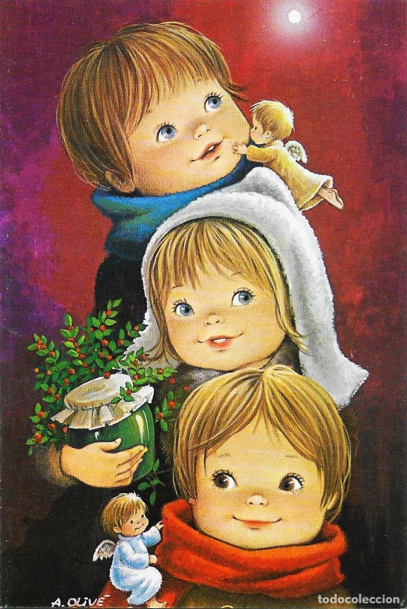 Postais: 6052 -OLIV&Eacute; - NI&Ntilde;OS Y ANGELITOS -EDICIONES CyZ 1274.134.C - DIPTICA 11,8X7,8 CM - DATA 1978