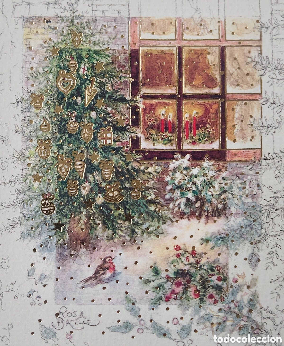 Cartes Postales: FELICITACI&Oacute;N NAVIDAD - ROSA BATLL&Eacute; - EDICIONES BUSQUETS - &Aacute;RBOL PAJARITO VENTANA PAISAJE NEVADO