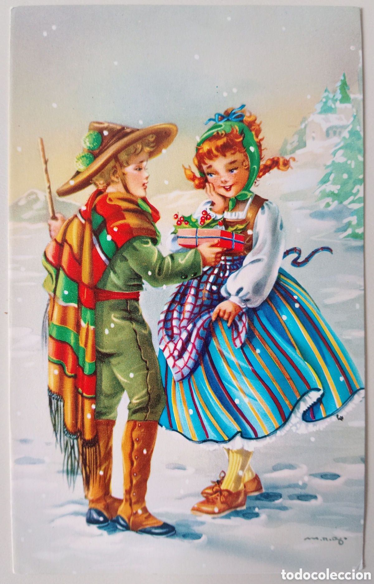 Cartoline: FELICITACI&Oacute;N NAVIDAD - M.R.G. MAR&Iacute;A ROSA GARC&Iacute;A - EDICIONES VIKINGO - PAREJA REGALOS PAISAJE NEVADO