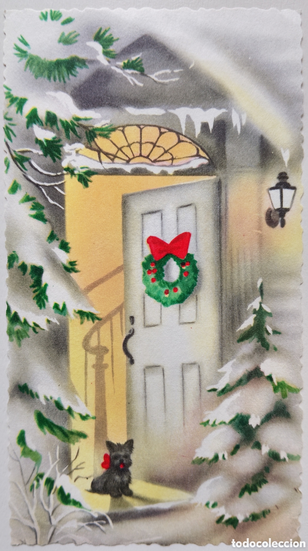 Postales: FELICITACI&Oacute;N NAVIDAD ANTIGUA - PERRITO ENTRADA CASA NIEVE