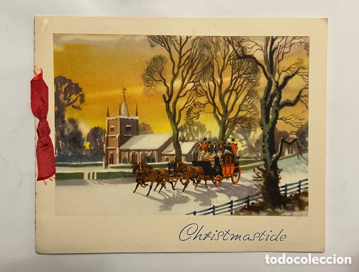 Postales: FELICITACION NAVIDE&Ntilde;A INGLESA&hellip; Paisaje Nevado Carruaje. Diptico (h.1960?) circulada