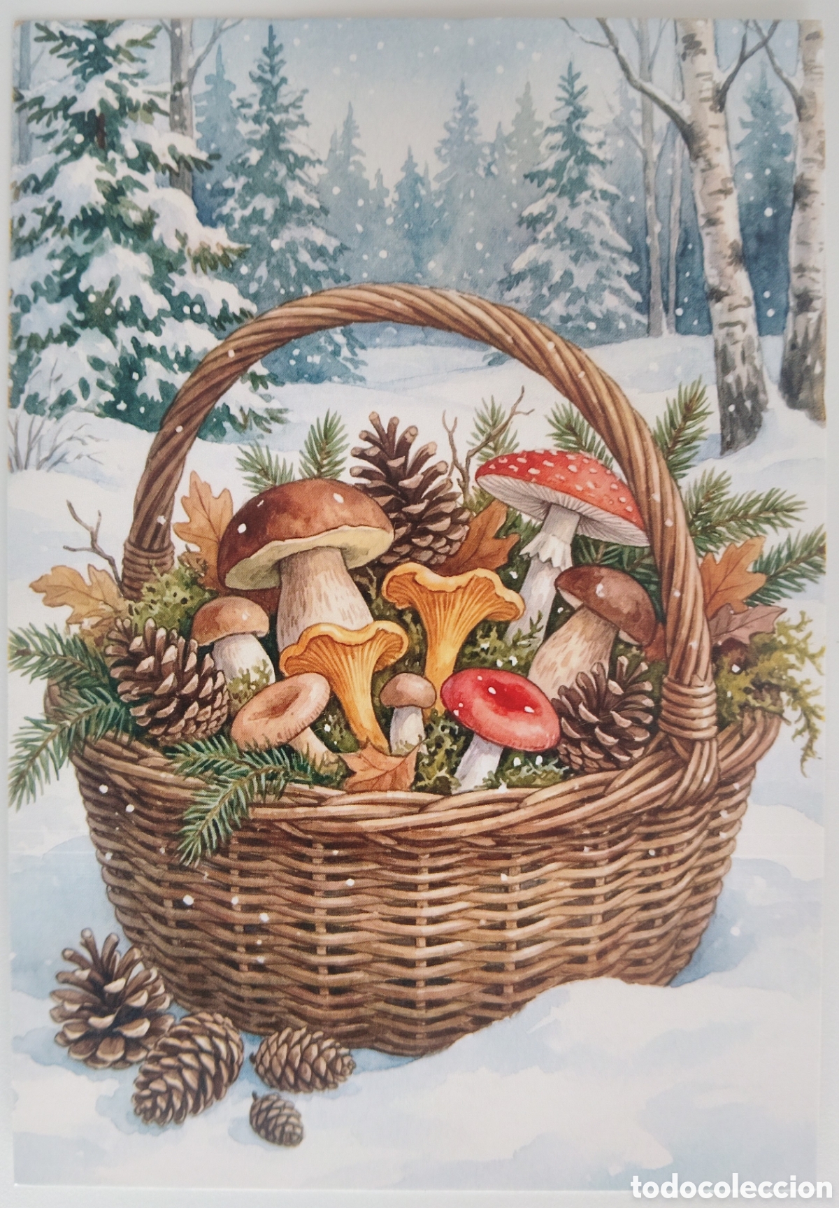 Postales: POSTAL NAVIDAD - DETALLE CESTA SETAS PAISAJE NEVADO - ESTILO ANTIGUO