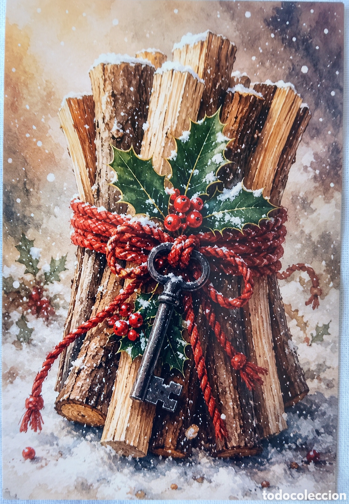 Postales: POSTAL NAVIDAD - DETALLE LLAVE TRONCOS ACEBO PAISAJE NEVADO - ESTILO ANTIGUO