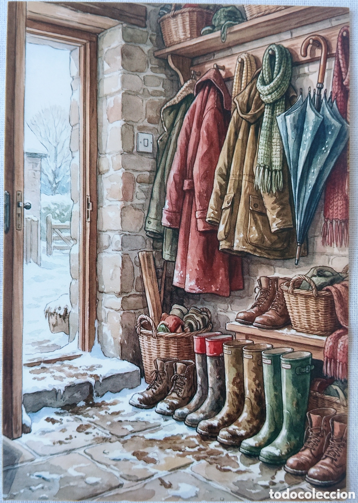 Postales: POSTAL NAVIDAD - ESCENA HOGARE&Ntilde;A PERCHERO ABRIGOS CALZADO NIEVE - ESTILO ANTIGUO