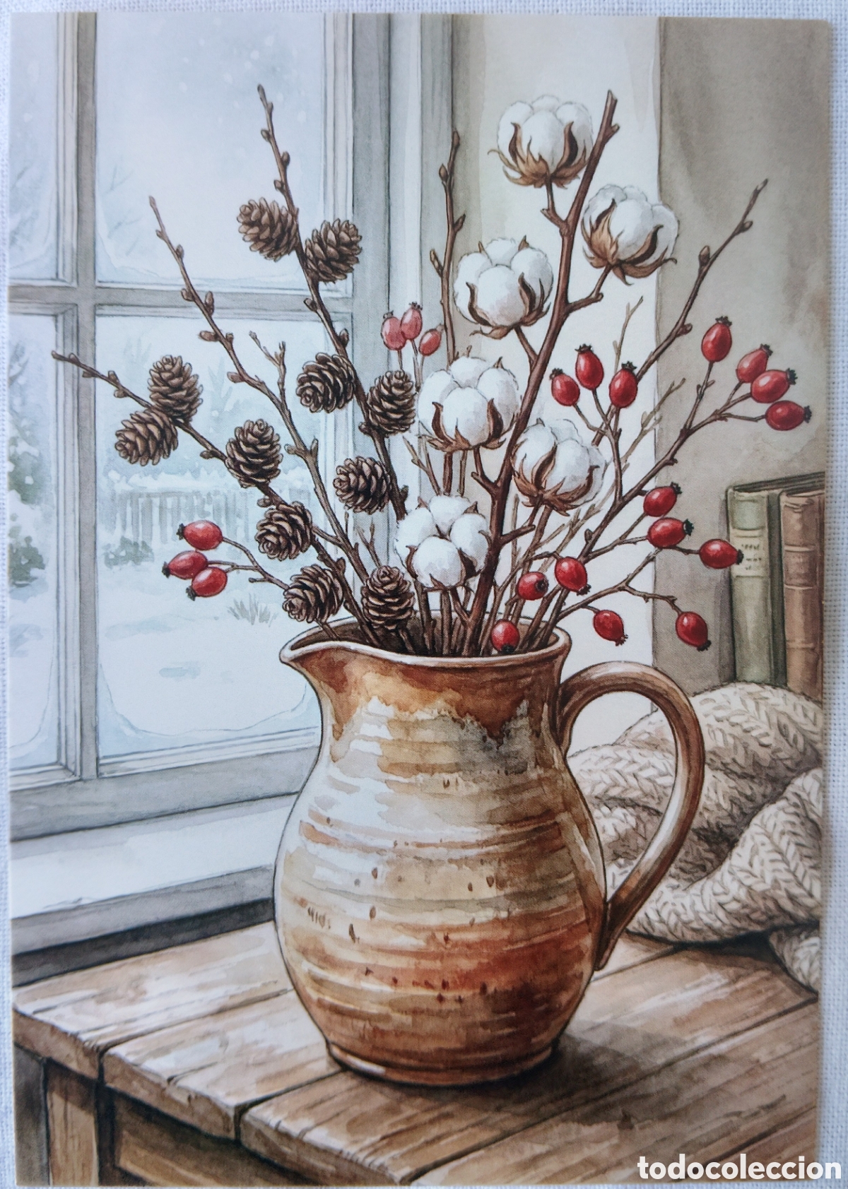 Postales: POSTAL NAVIDAD - DETALLE JARR&Oacute;N FLOR DE ALGOD&Oacute;N ADORNOS VENTANA - ESTILO ANTIGUO
