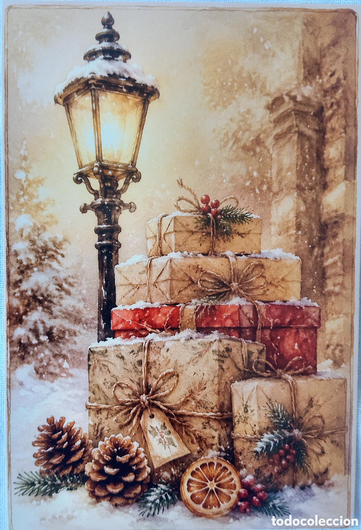 Postales: POSTAL NAVIDAD - DETALLE PAQUETES REGALO FAROLA PAISAJE NEVADO - ESTILO ANTIGUO