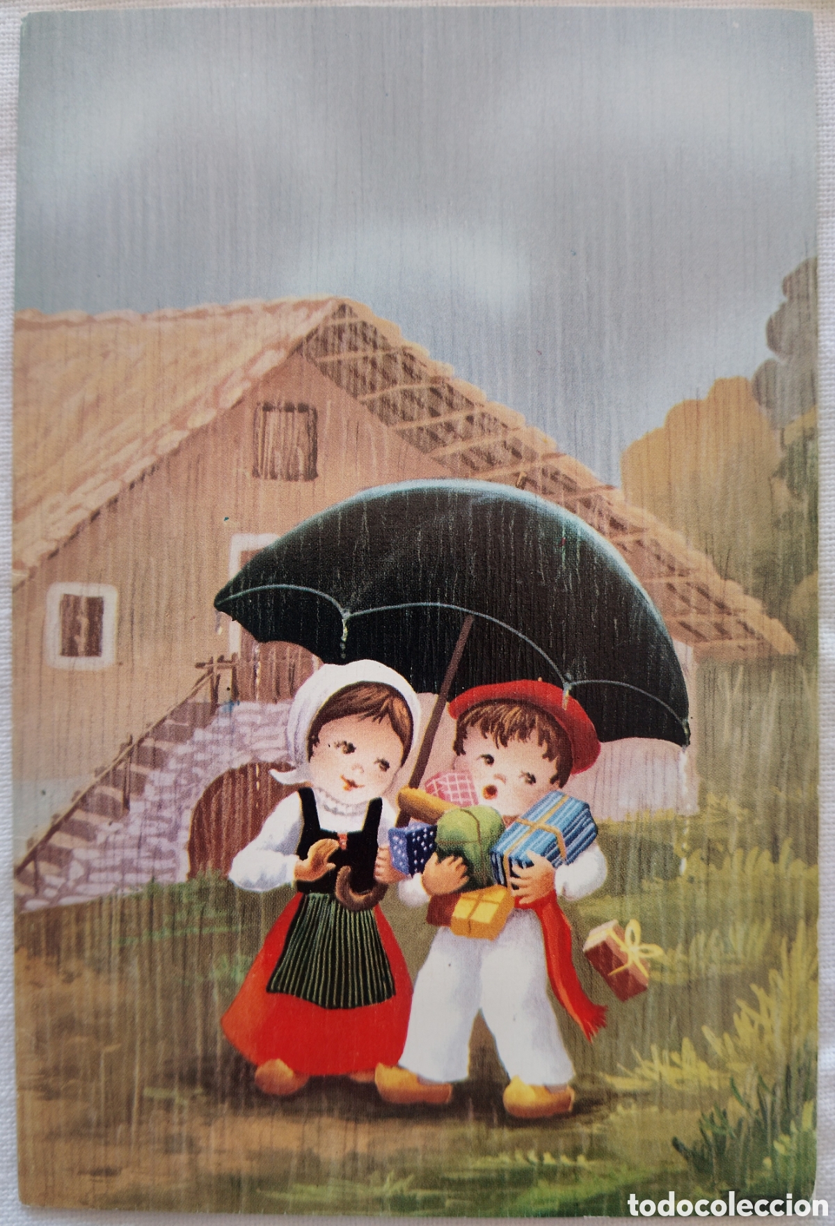 Postales: FELICITACI&Oacute;N NAVIDAD - JOAN - EDICIONES SUBI - NI&Ntilde;OS VASCOS PARAGUAS REGALOS CASER&Iacute;O
