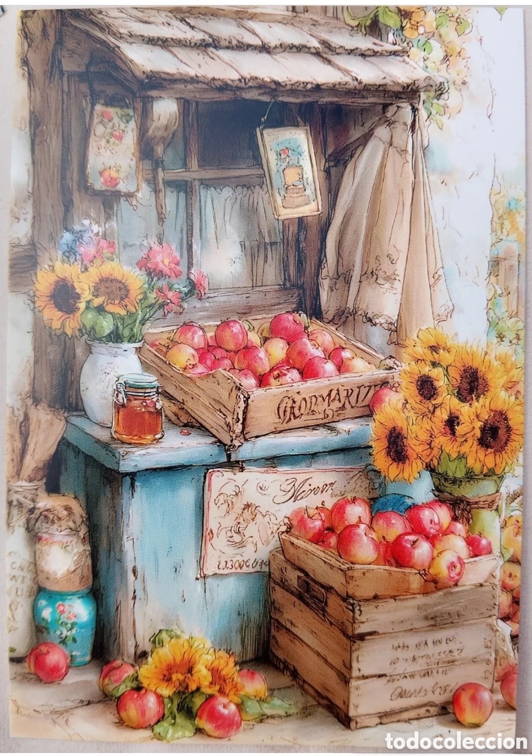 Postales: POSTAL - PUESTO MERCADO FRUTAS MANZANAS GIRASOLES - ESTILO ANTIGUO