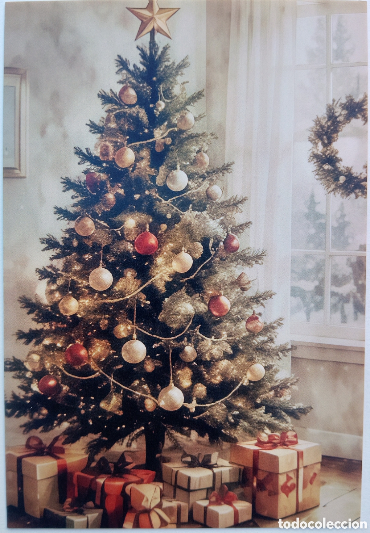 Postales: POSTAL NAVIDAD - ESCENA HOGARE&Ntilde;A &Aacute;RBOL REGALOS - ESTILO ANTIGUO