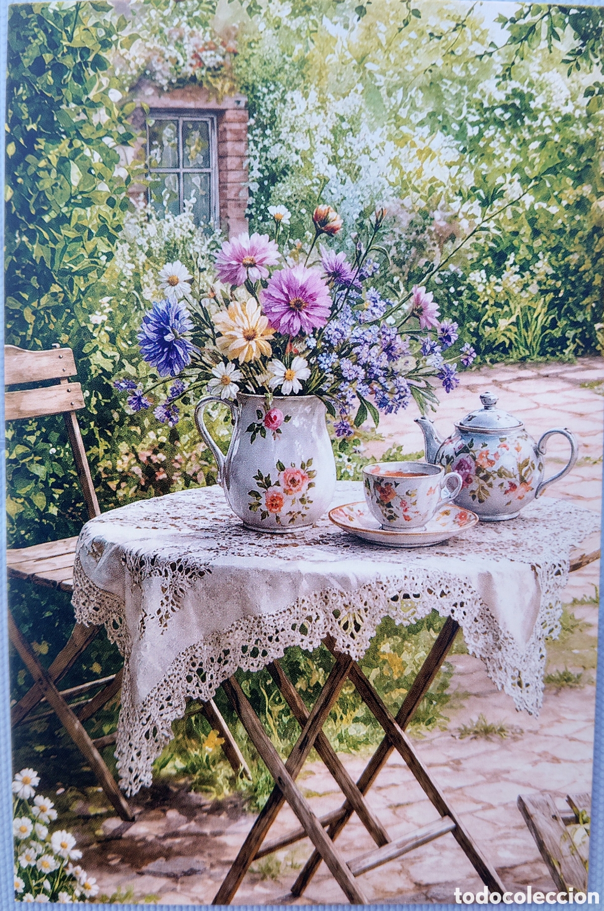 Postales: POSTAL - DETALLE MESA TETERA FLORES JARD&Iacute;N - ESTILO ANTIGUO