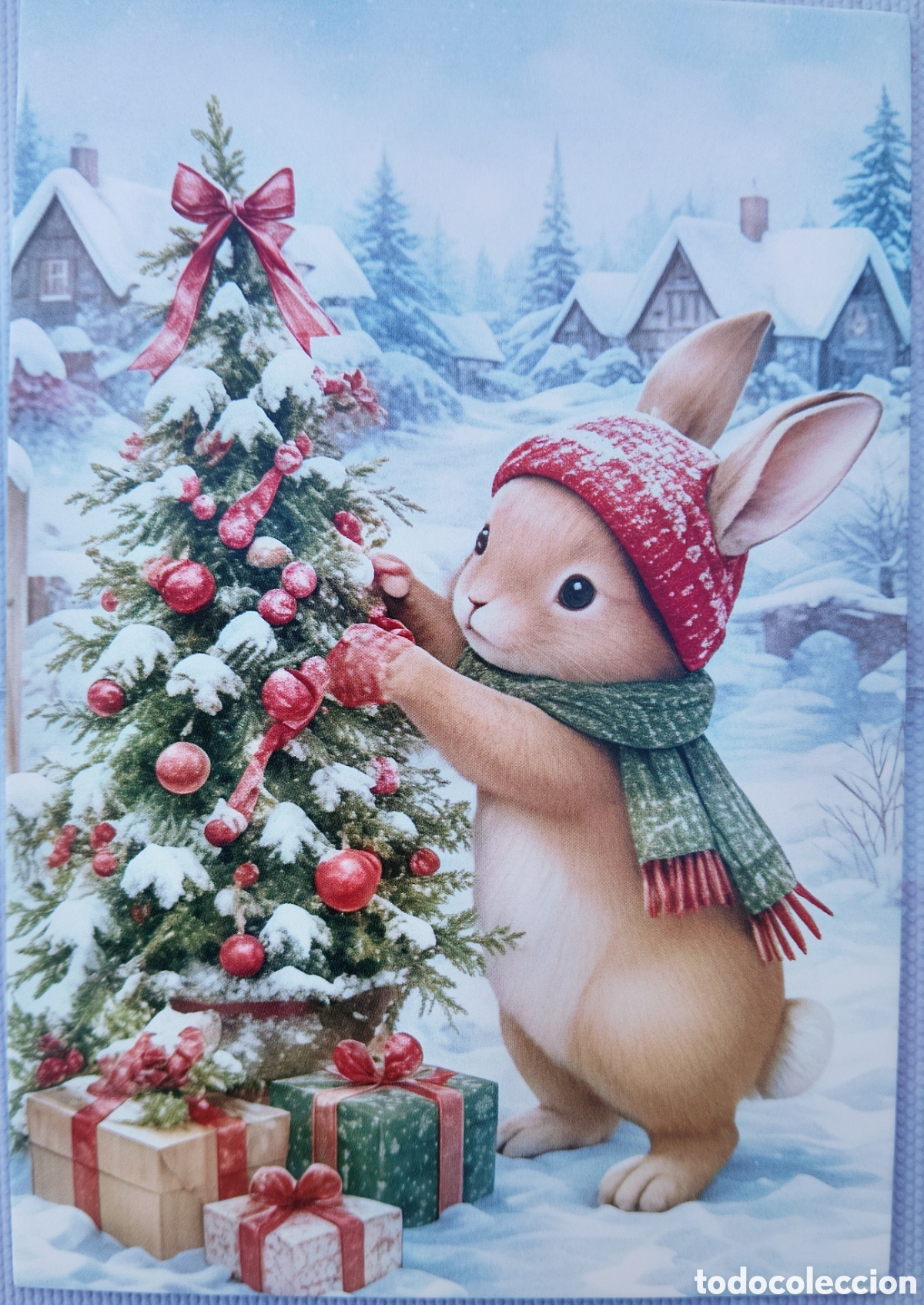 Postales: POSTAL NAVIDAD - CONEJITO &Aacute;RBOL PAISAJE NEVADO - ESTILO ANTIGUO
