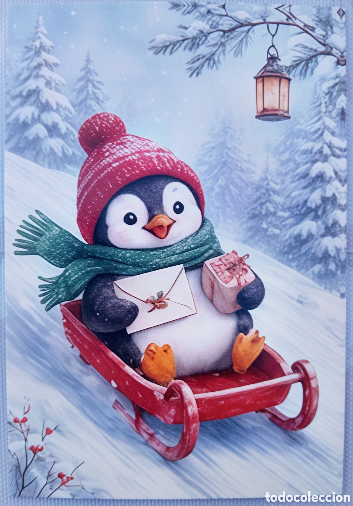 Postales: POSTAL NAVIDAD - PING&Uuml;INO TRINEO PAISAJE NEVADO - ESTILO ANTIGUO