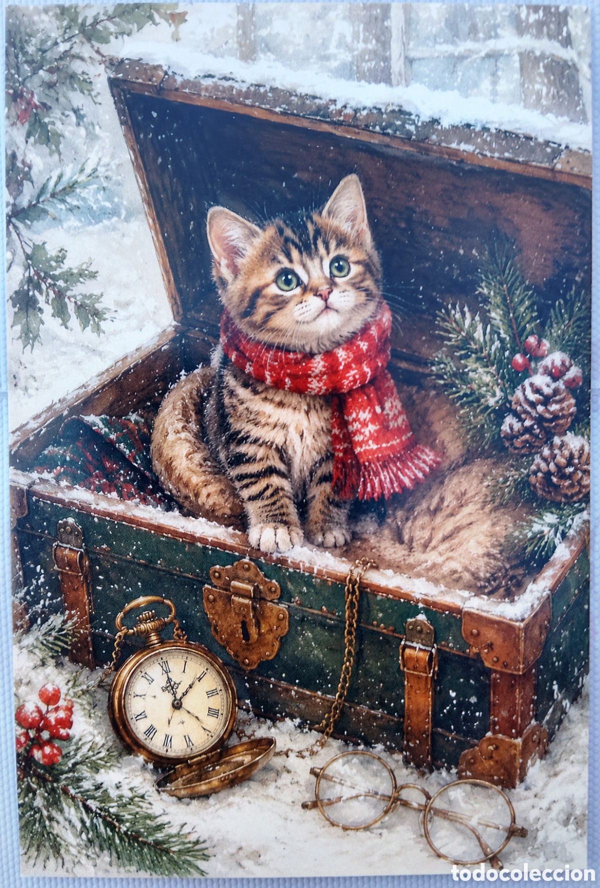 Postales: POSTAL NAVIDAD - GATO GATITO COFRE PAISAJE NEVADO - ESTILO ANTIGUO