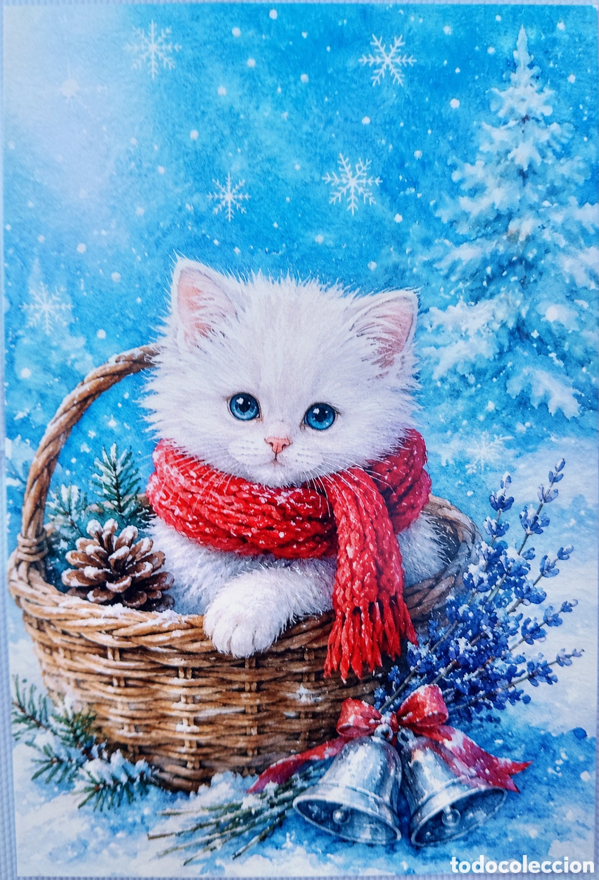 Postales: POSTAL NAVIDAD - GATO GATITO CESTA PAISAJE NEVADO - ESTILO ANTIGUO