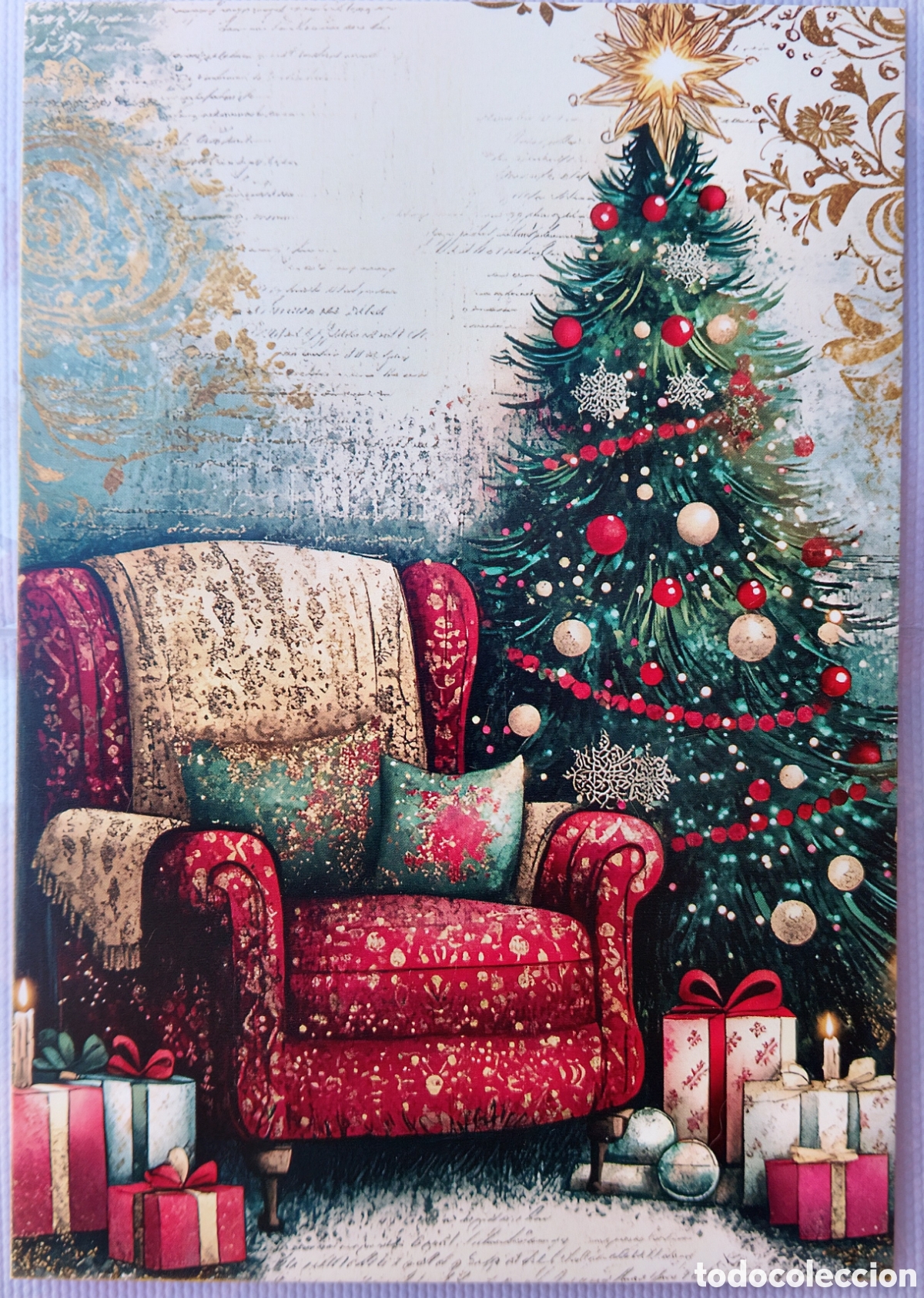 Postales: POSTAL NAVIDAD - ESCENA HOGARE&Ntilde;A SILL&Oacute;N &Aacute;RBOL REGALOS - ESTILO ANTIGUO