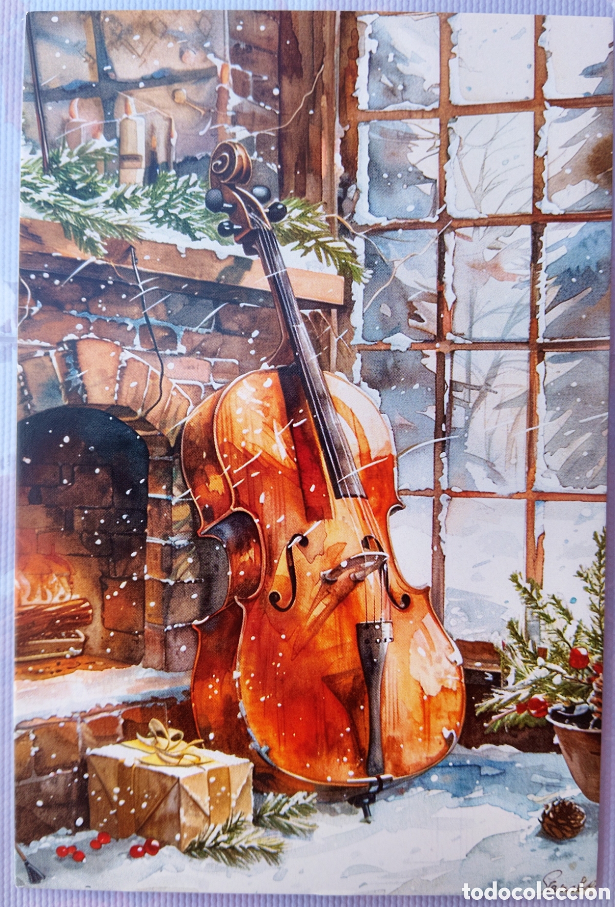 Postales: POSTAL NAVIDAD - ESCENA HOGARE&Ntilde;A CHIMENEA VIOLONCHELO VENTANAL - ESTILO ANTIGUO