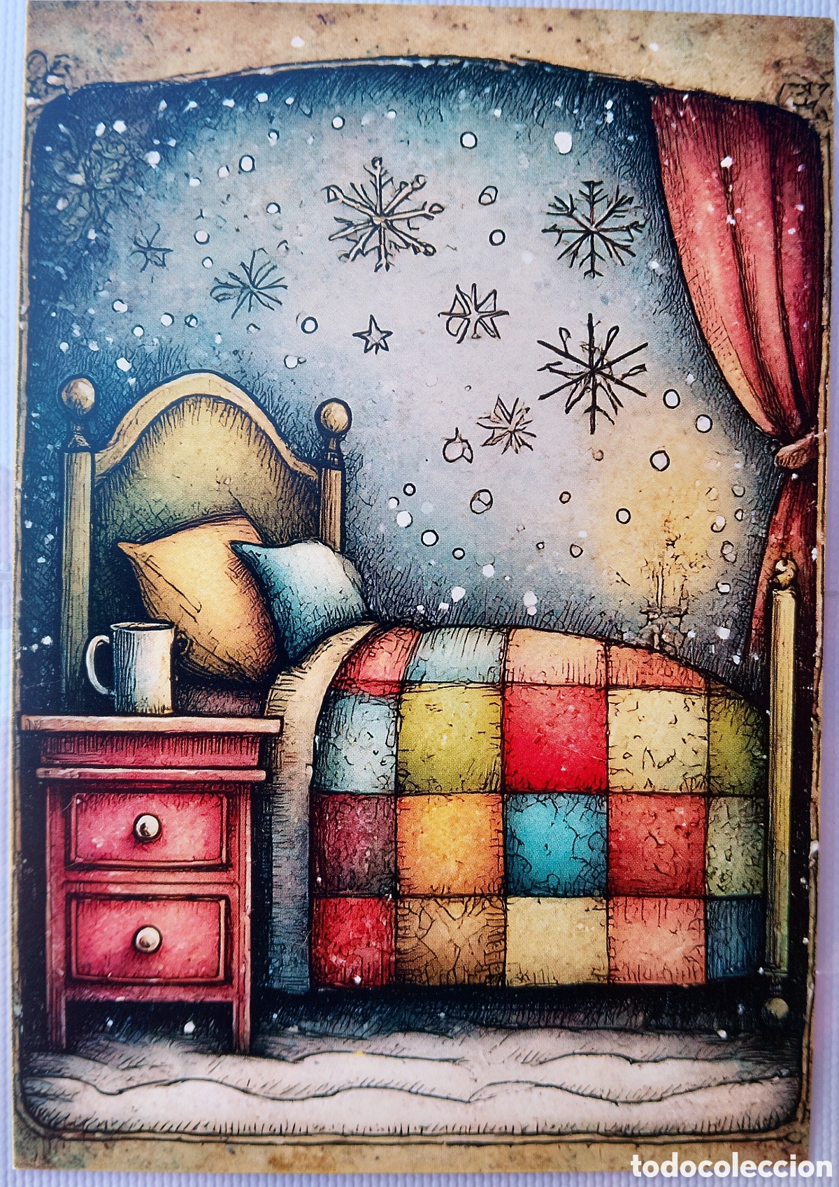 Postales: POSTAL NAVIDAD - ESCENA HOGARE&Ntilde;A HABITACI&Oacute;N DORMITORIO - ESTILO ANTIGUO