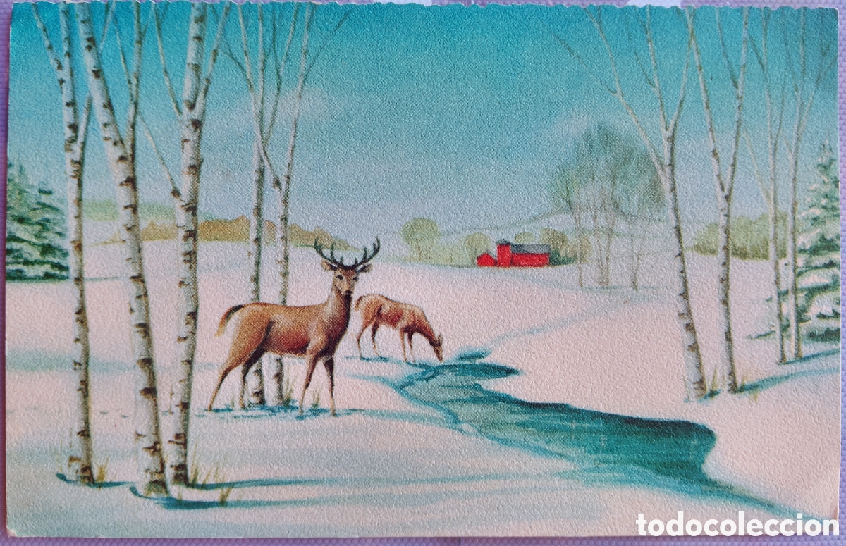 Postales: FELICITACI&Oacute;N NAVIDAD ANTIGUA - CIERVOS PAISAJE NEVADO