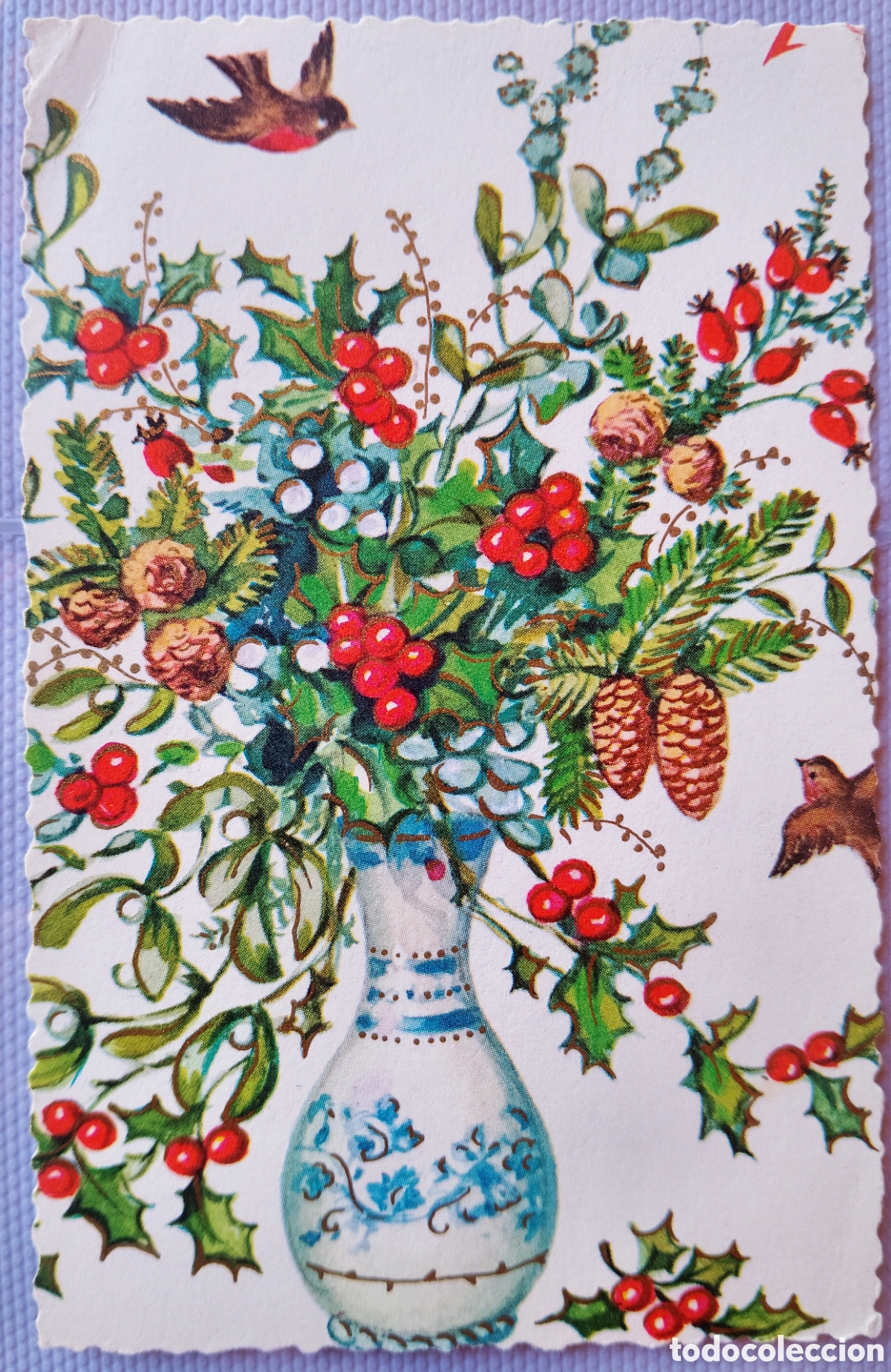 Postales: FELICITACI&Oacute;N NAVIDAD ANTIGUA - PAJARITOS JARR&Oacute;N FLORES