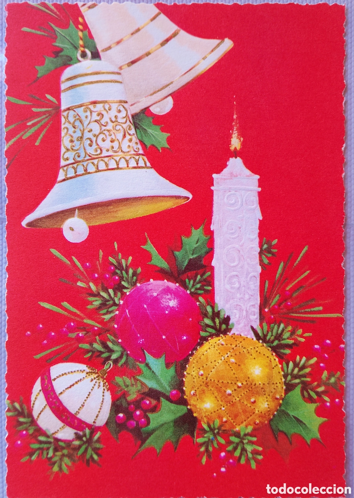 Postales: FELICITACI&Oacute;N NAVIDAD ANTIGUA RELIEVE - ADORNOS BOLAS VELA CAMPANAS