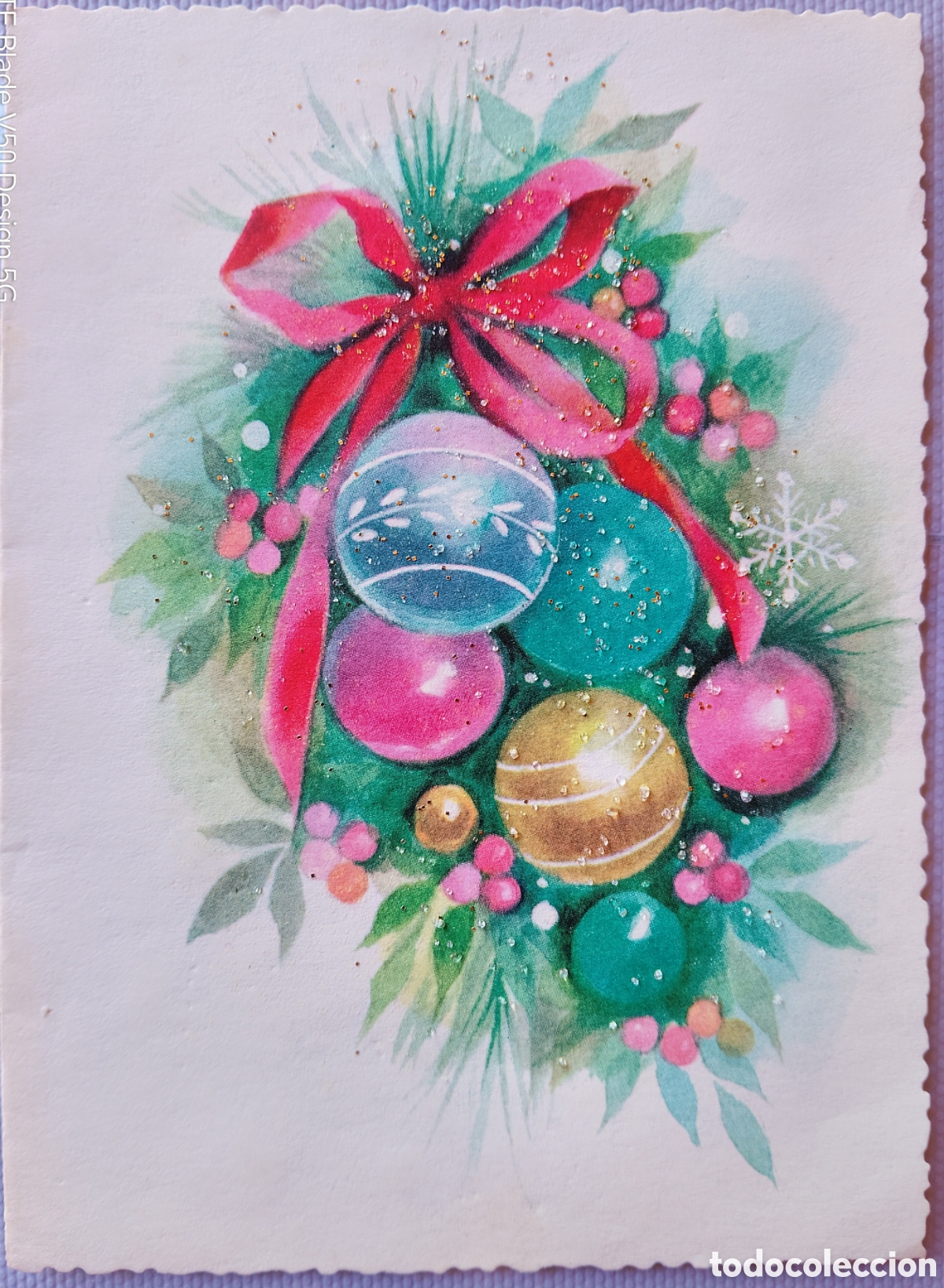 Postales: FELICITACI&Oacute;N NAVIDAD ANTIGUA - BOLAS ADORNOS - PURPURINA