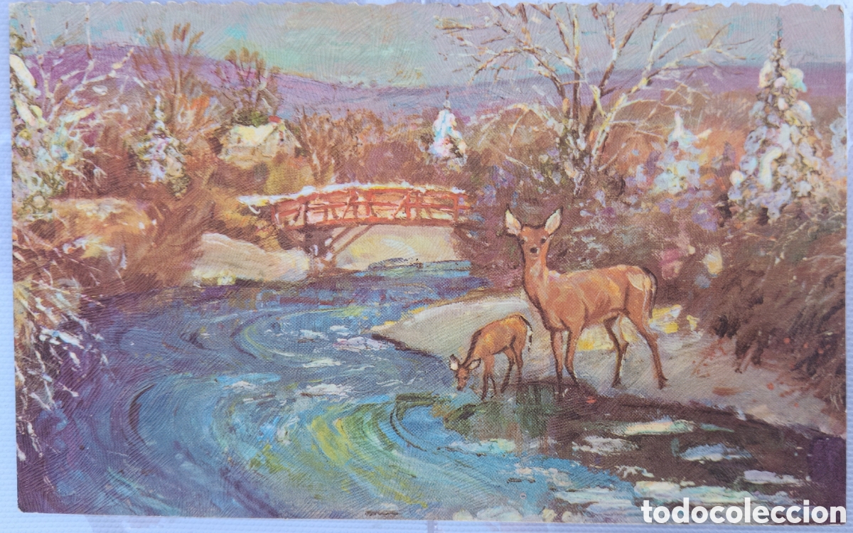 Postales: FELICITACI&Oacute;N NAVIDAD ANTIGUA - CIERVOS R&Iacute;O PAISAJE NEVADO