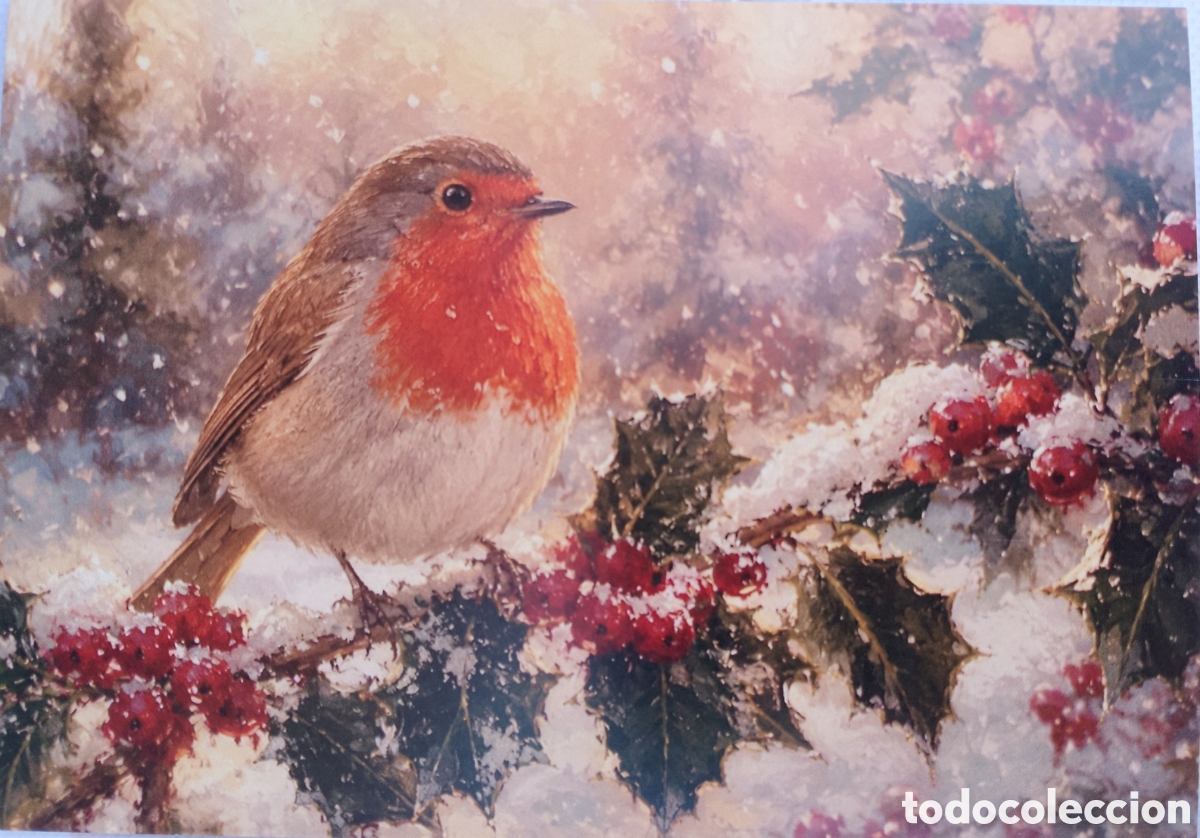 Postales: POSTAL NAVIDAD - PAJARITO ACEBO PAISAJE NEVADO - ESTILO ANTIGUO