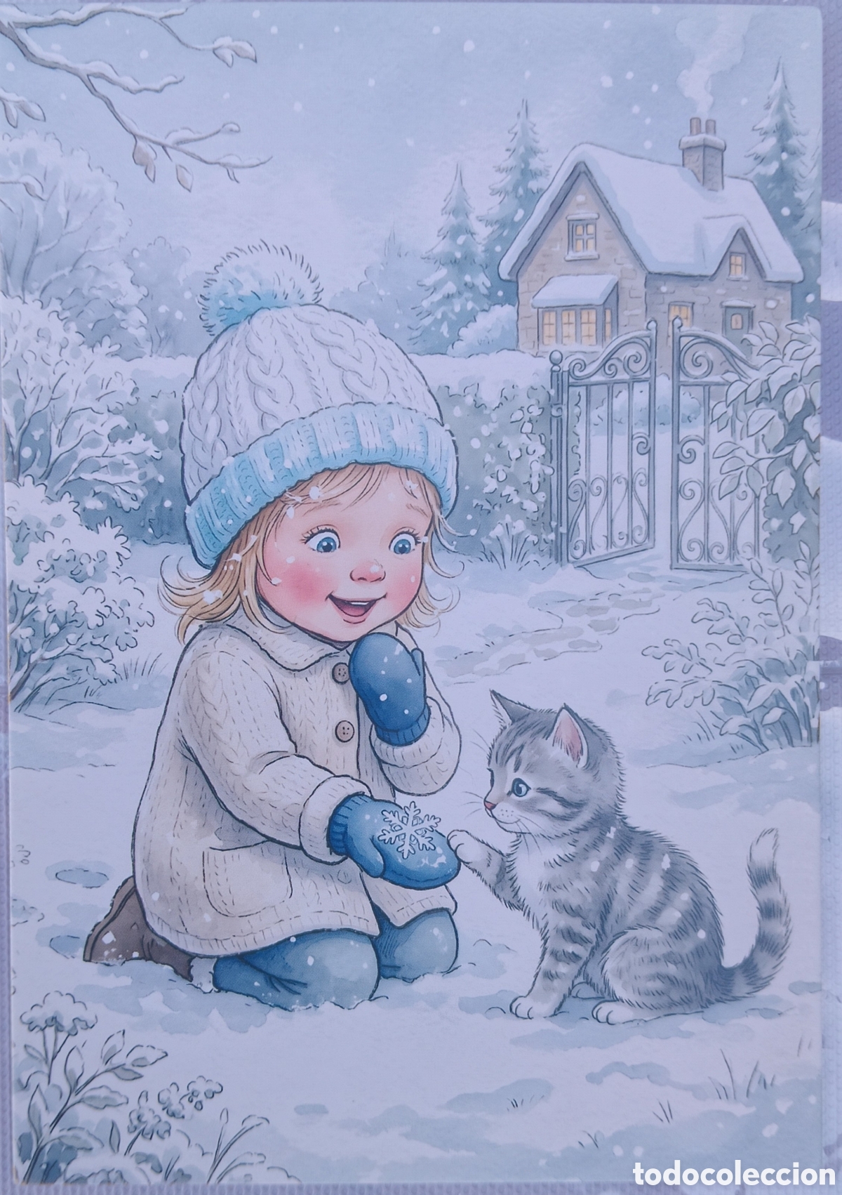 Postales: POSTAL NAVIDAD - NI&Ntilde;A GATITO GATO PAISAJE NEVADO - ESTILO ANTIGUO