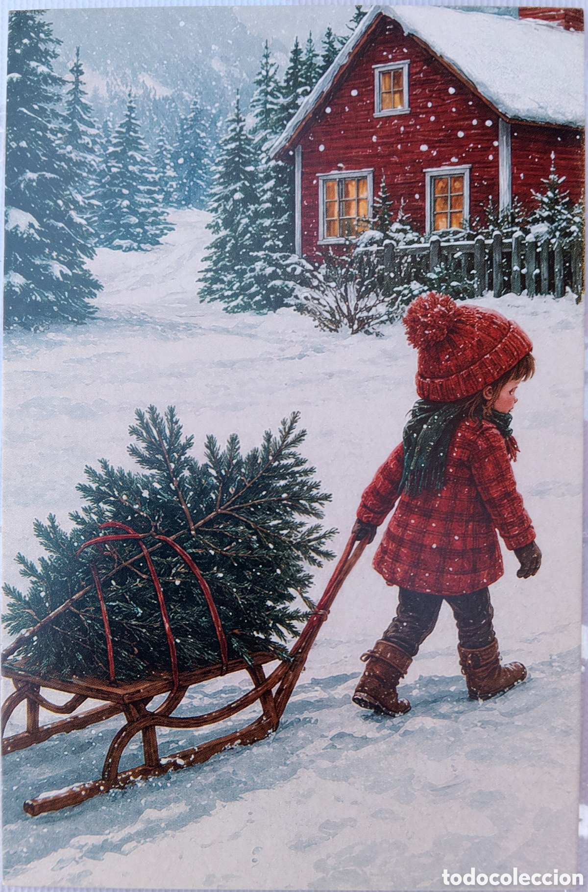 Postales: POSTAL NAVIDAD - NI&Ntilde;A TRINEO &Aacute;RBOL CASA PAISAJE NEVADO - ESTILO ANTIGUO
