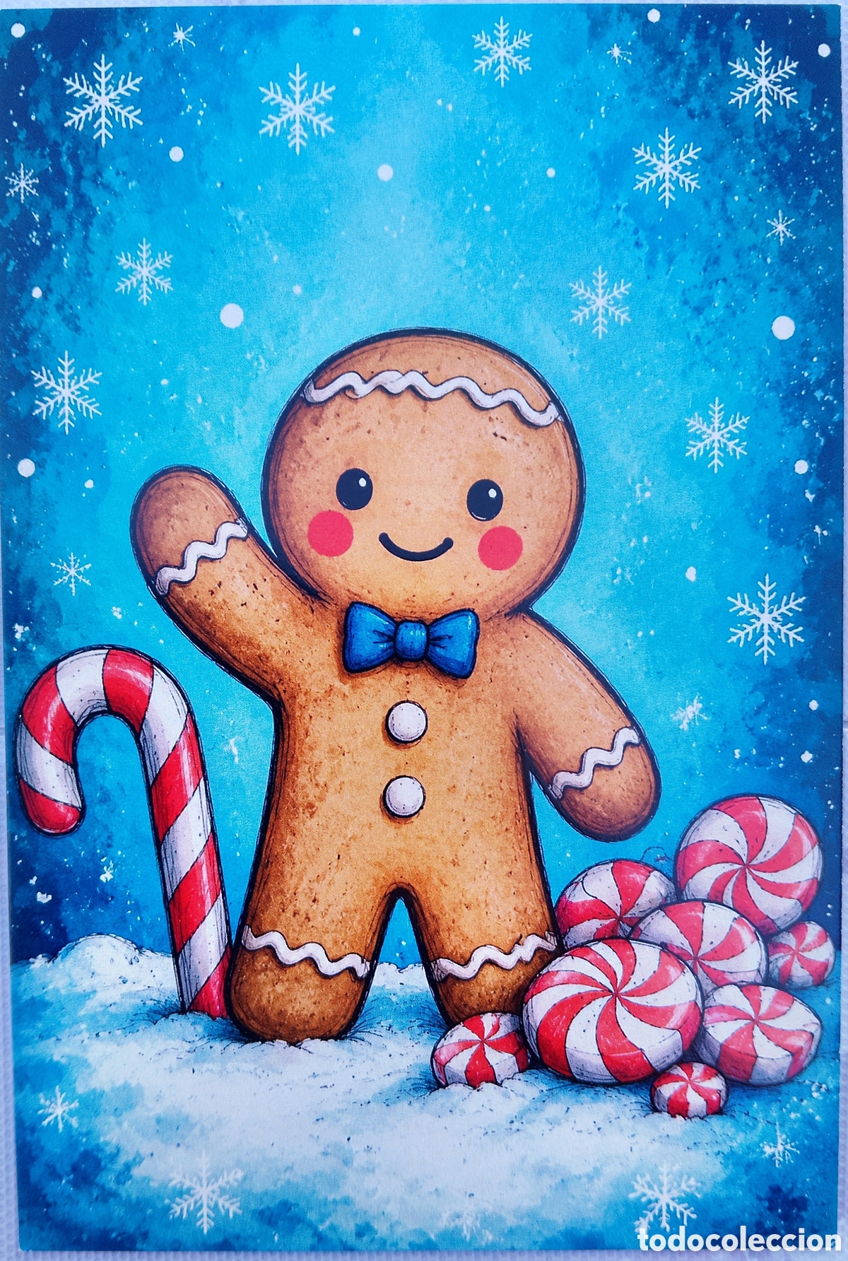Postales: POSTAL NAVIDAD - MU&Ntilde;ECO DE GALLETA DE JENGIBRE BASTONES CARAMELOS PAISAJE NEVADO - ESTILO ANTIGUO