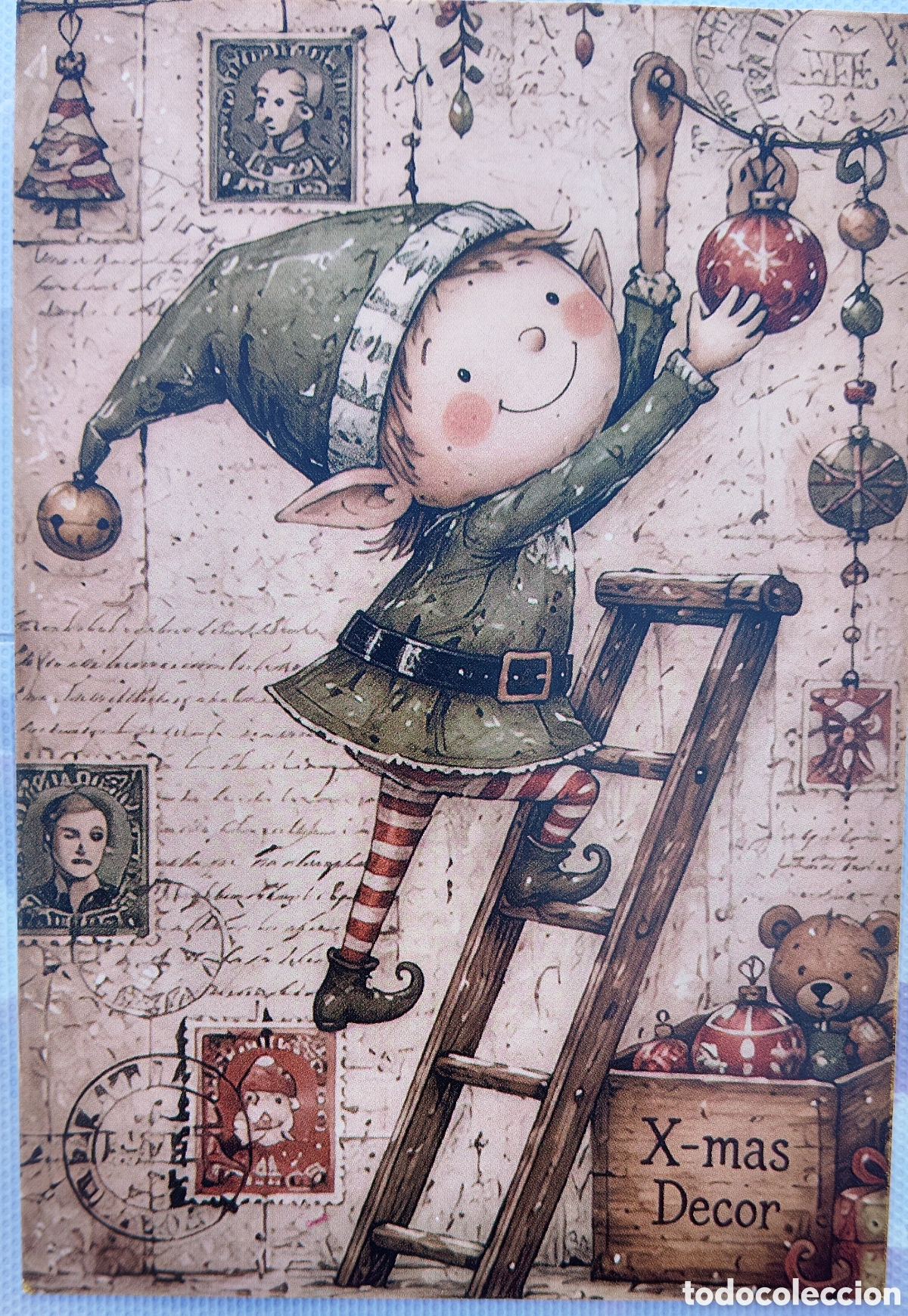 Postales: POSTAL NAVIDAD - ELFO ESCALERA ADORNOS - ESTILO ANTIGUO