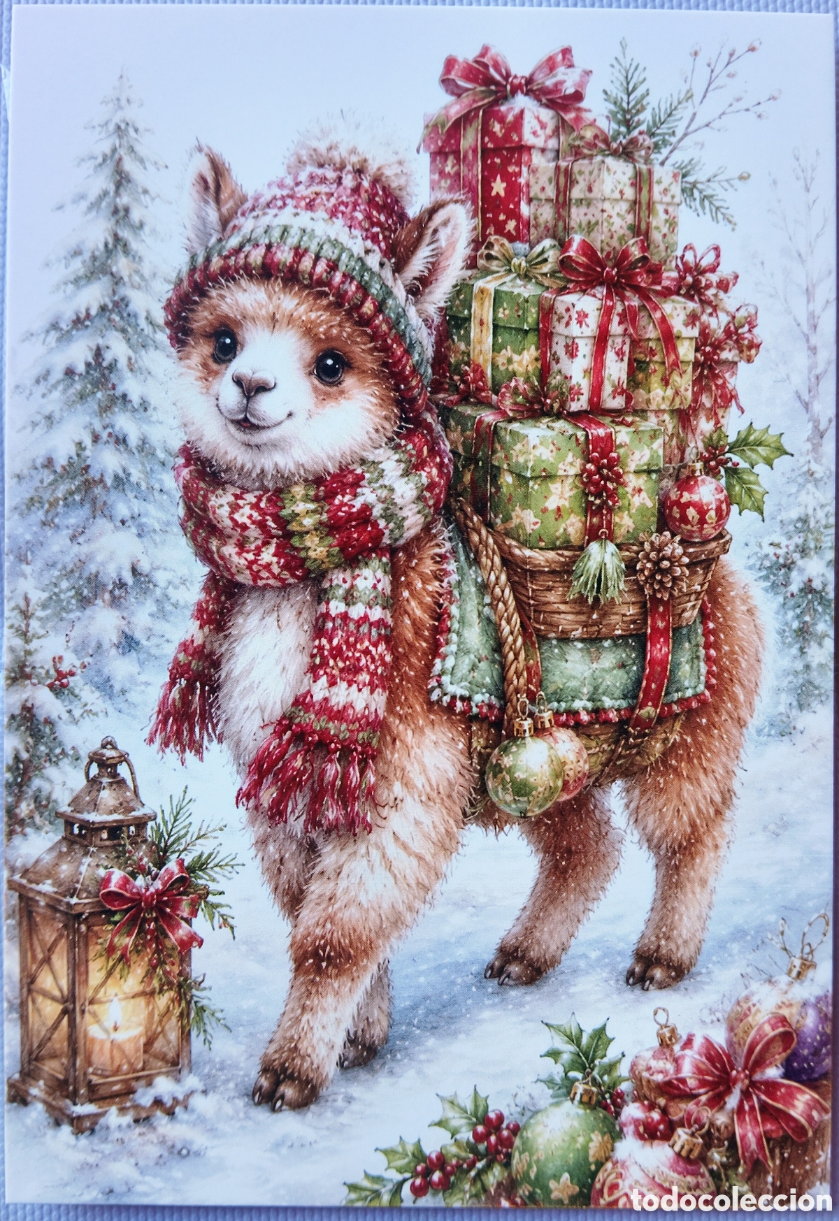 Postales: POSTAL NAVIDAD - LLAMA ALPACA REGALOS PAISAJE NEVADO - ESTILO ANTIGUO