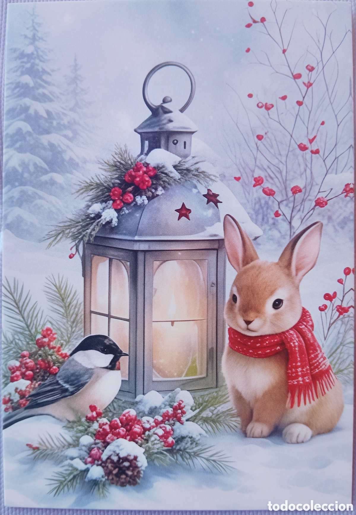 Postales: POSTAL NAVIDAD - CONEJO PAJARITO FAROL PAISAJE NEVADO - ESTILO ANTIGUO