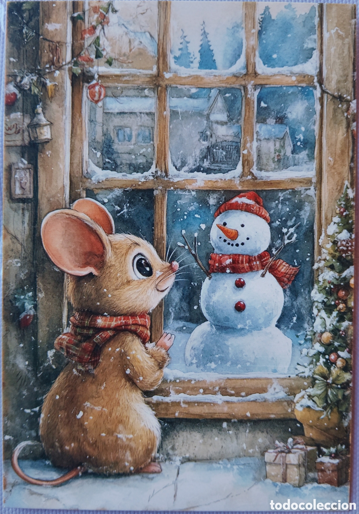 Postales: POSTAL NAVIDAD - RATONCITO VENTANA MU&Ntilde;ECO DE NIEVE PAISAJE - ESTILO ANTIGUO
