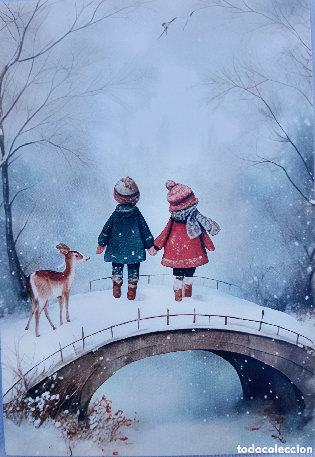 Postales: POSTAL NAVIDAD - NI&Ntilde;OS PUENTE R&Iacute;O PAISAJE NEVADO - ESTILO ANTIGUO
